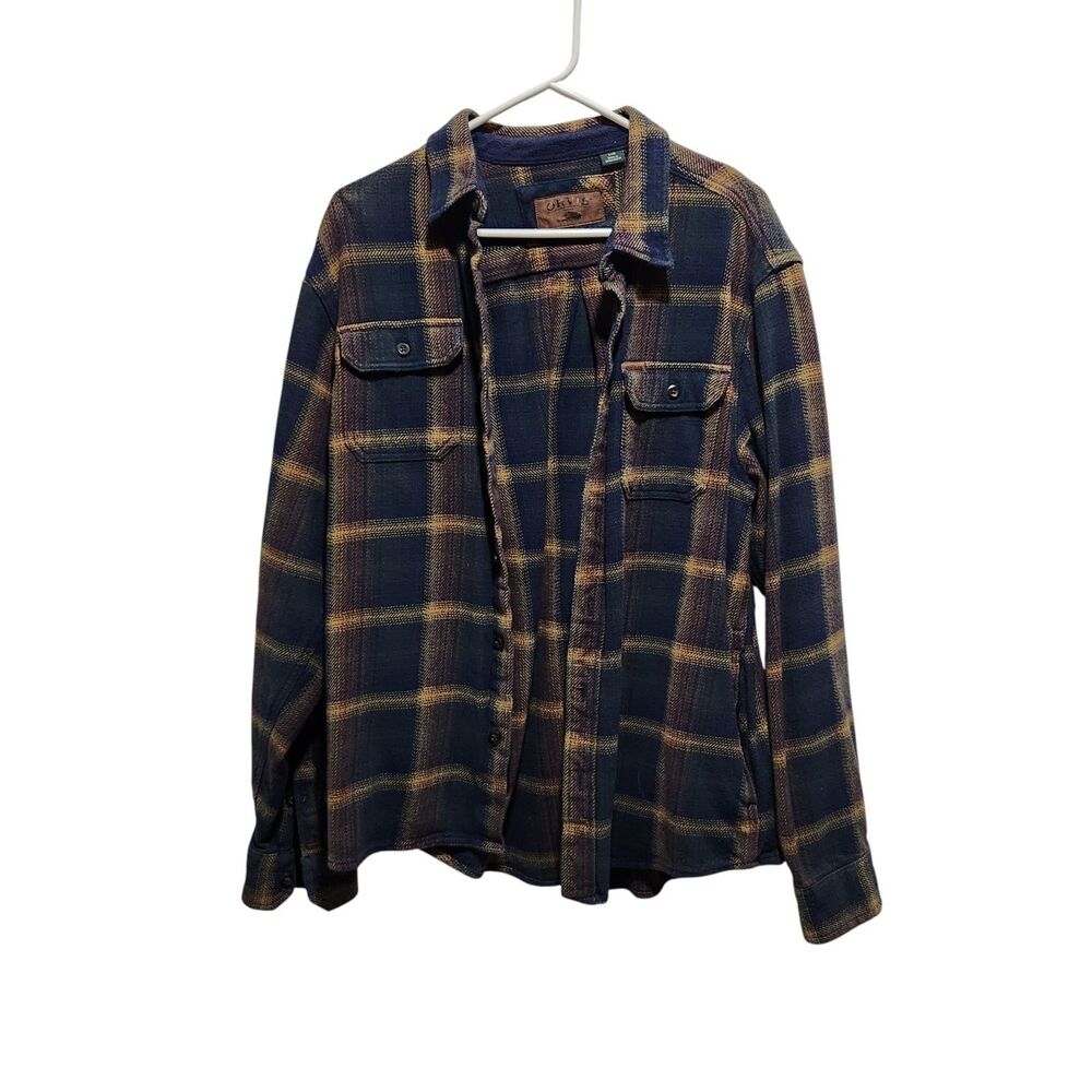 Orvis Plaid Flannel Shirt Jacket Mens Large Blue Brown Button Front